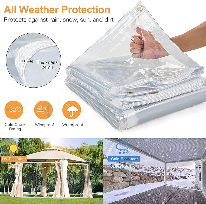 6 x 12FT Outdoor Clear Tarp Curtain Waterproof Wind-Proof 24 Mil Transparent Vinyl Tarp for Patio Pergola Garden Canopy Rainproof Anti-Tear PVC Thick Cover with Grommets