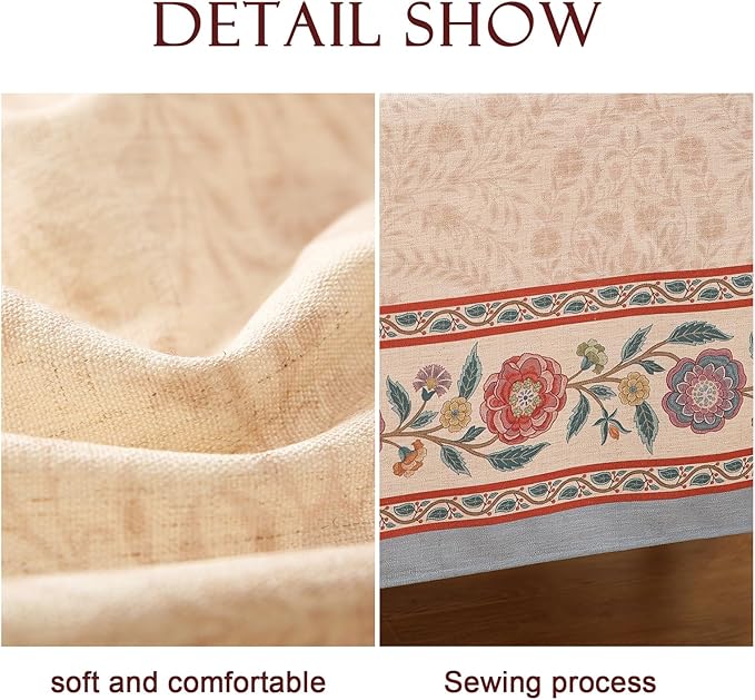Beige Linen Rectangle Tablecloth,Vintage Indian Style Soft and Colorfast Floral Tablecloths,Decor Table Cover for Kitchen,Dining,Party,Thanksgiving,Christmas,63"*87"-Flowershadow E