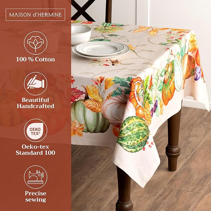 Maison d' Hermine Table Cloth Rectangle Table 100% Cotton 70 x 120 Inches Fall Tablecloth Reusable Everyday Use for Thanksgiving Christmas Decorations Dining Farmhouse Party (Lumina)