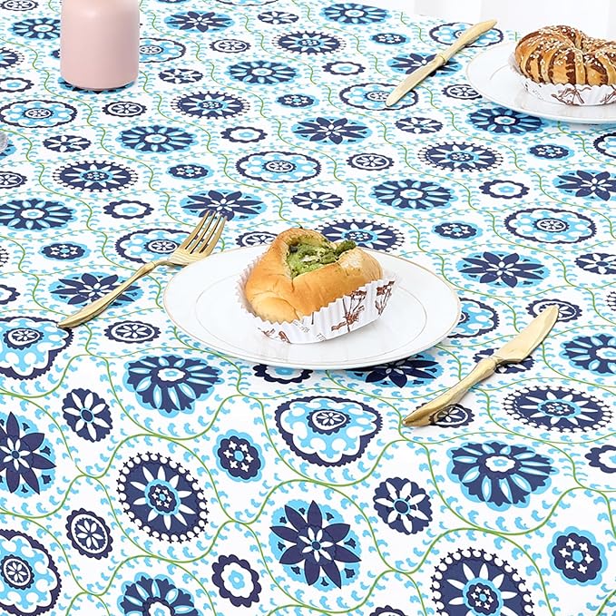 misaya Rectangle Waterproof Vinyl Table Cloth, Wipeable Tablecloth with Flannel Backing, Plastic Table Cover for Dinner, Picnic, Indoor and Outdoor (Navy Mandala, 60" x 102")