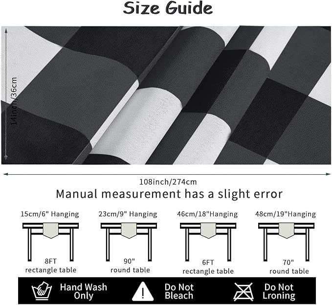 Fabric Checkered Table Runner 6 Pack Waterproof Gingham Table Runner 14W x 108L Buffalo Check Table Runners for Parties Kitchen Dining Wedding Banquet (Black and White)