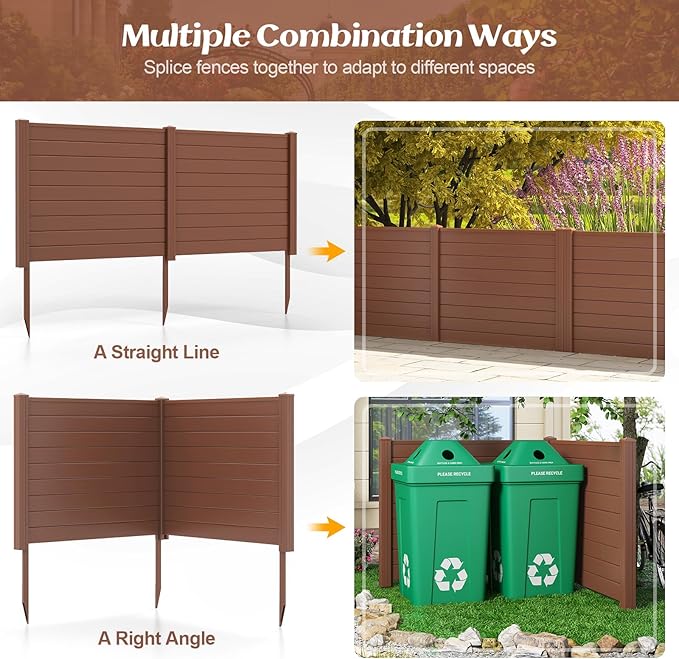Giantex Air Conditioner Fence 4 Panels - 48''W x 36''H Outdoor Privacy Screen Trash Can Enclosure with Stakes, PVC Vinyl Freestanding Picket Fences for Garden Patio Lawn AC Unit Pool Pump, Brown