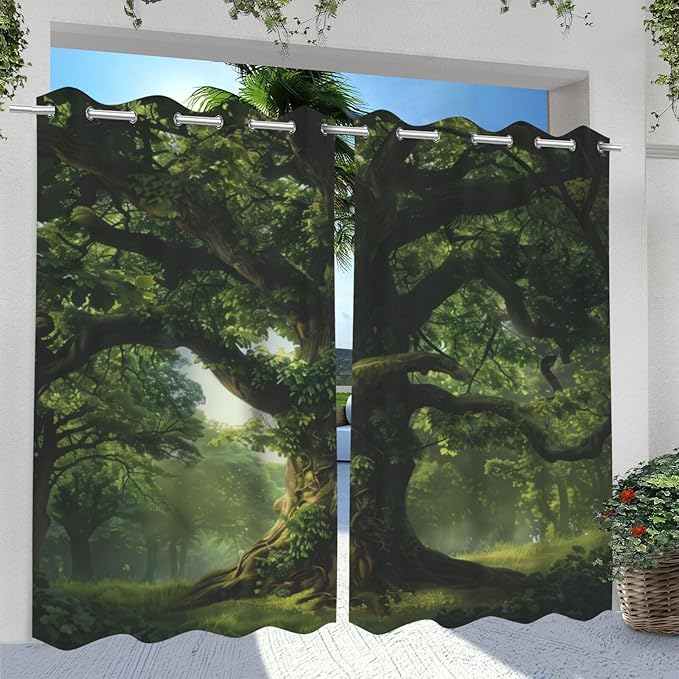 Nature Theme Outdoor Curtains for Patio Waterproof,Forest Pattern,Light Filtering Curtains Outside Curtains for Porch, Gazebo, Pergola, Backyard,Set of 2 Panels,54 x 108 inch,Green