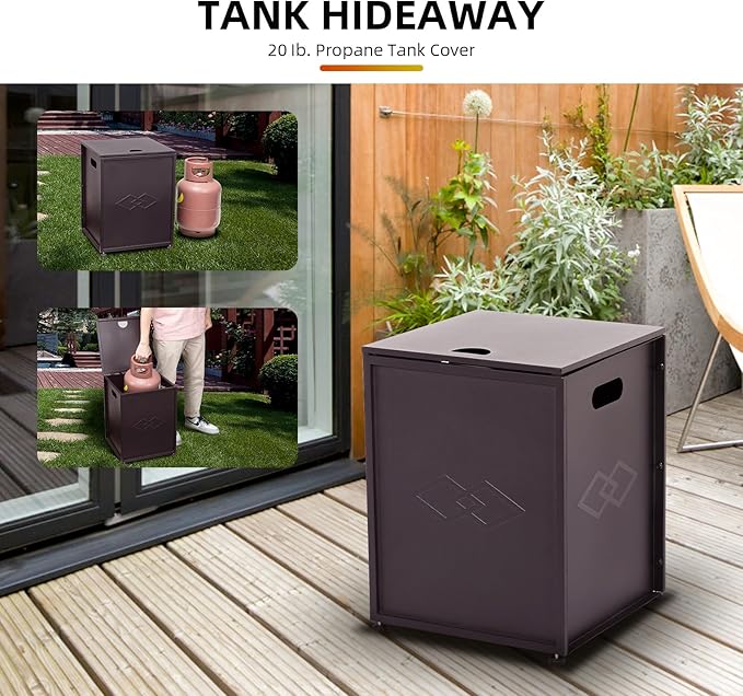 Propane Tank Cover Table with Storage Sides, Dual Function Cover for 20 lbs Propane Tank Outdoor Gas Tank Storage Side Table for Fire Pit Gas Grill Griddle Propane Stoves, Brown