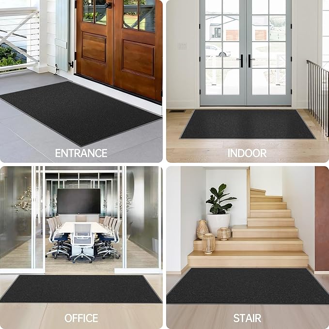 Front Door Mat, 60" x 36" Heavy Duty Indoor Outdoor Doormat, Non-Slip Welcome Mats for Entryway, Rubber Backing Low Profile Commercial Door Mats, Black Stripe
