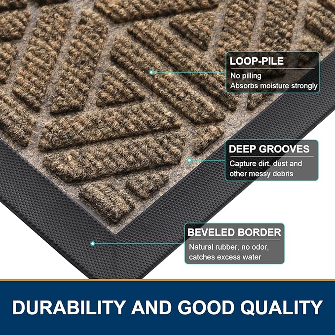 Smiry Front Door Mat Outside Entrance, Heavy Duty Sturdy Natural Rubber Doormat, Trap Dirt and Moisture, Easy Clean Low Profile Mats for Indoor Outdoor Entry, Grid Geometric (36x24, Brown)