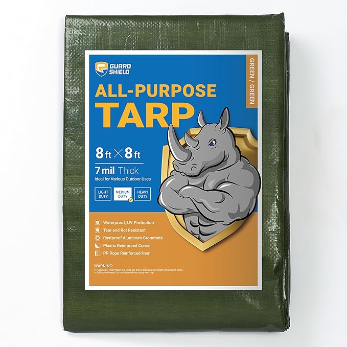 GUARD SHIELD Green Tarp Waterproof 8x8 Feet Medium Duty All Purpose Poly Tarps Cover 7mil