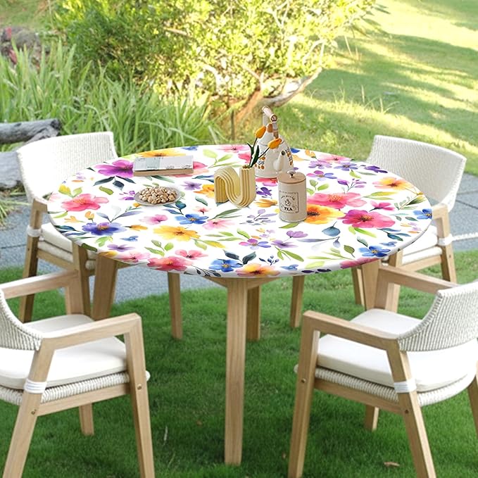 Spring Summer Floral Round Fitted Tablecloth with Elastic Watercolor Flower Outdoor Circle Table Cloth for 48-52" Tables Colorful Stretch Waterproof Washable Table Cover for Picnic Dining Party Decor