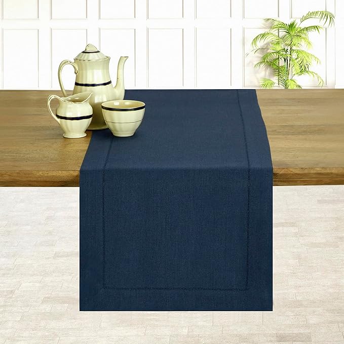 D'Moksha Homes Linen Navy Blue Table Runner 84 Inches Long - 100% Pure Linen Table Runner 14 x 84 Inch for Easter - Classic Hemstitch