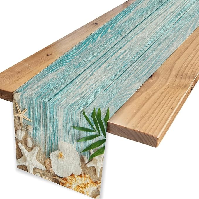 Blue Wooden Starfish Table Runner, Turquoise Tropical Summer Sandy Ocean Beach Coffee Table Center Deco, for Kitchen Family Festival Farmhouse Party and Living Room Table Decorations, 13" X 90"
