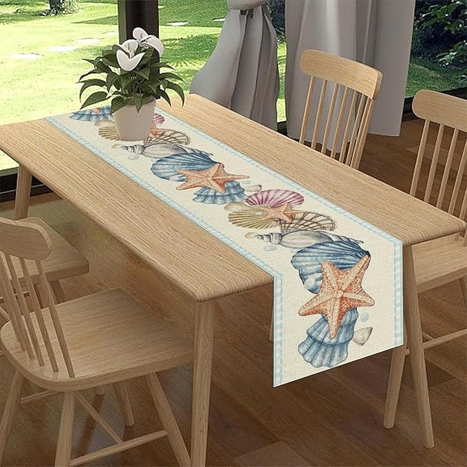 Summer Starfish Table Runner, Blue Check Sea Coastal Seashell Beach Nautical Starfish Ocean Table Runner Seasonal Holiday Home Kitchen Dining Table for Home Party Decor 13"x72"
