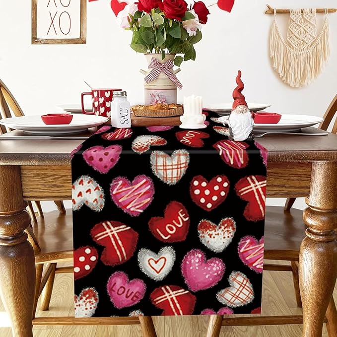 Valentines Day Decorations Table Runner Love Hearts Black Kitchen Dining Table Decor Holiday Anniversary Indoor Outdoor Party Suppies 48×13 Inch