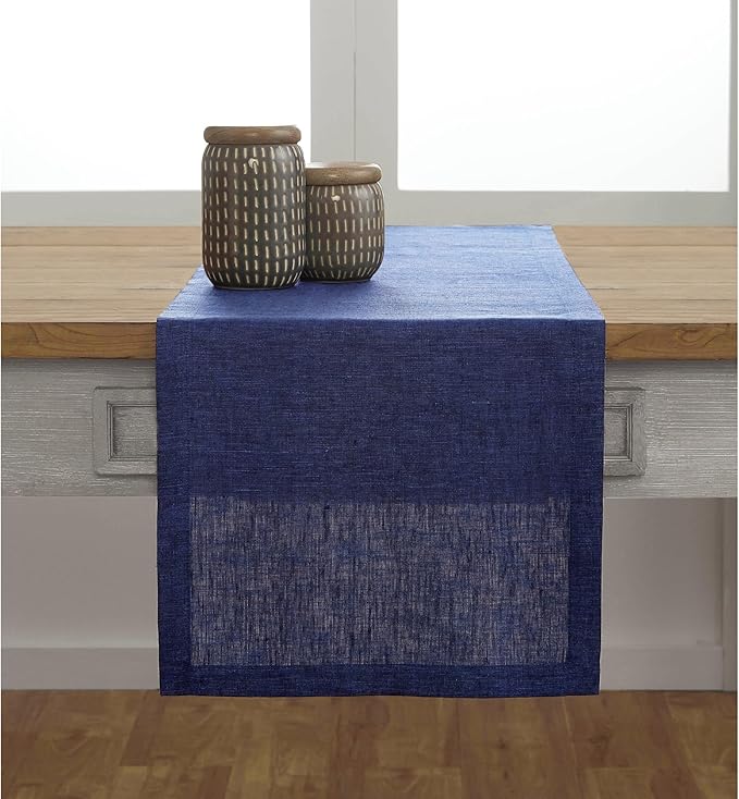 Solino Home Linen Table Runner 72 Inches Long - Athena, 100% Pure Linen Chambray Navy 14 x 72 Inch Table Runner for Dining, Spring, Winter