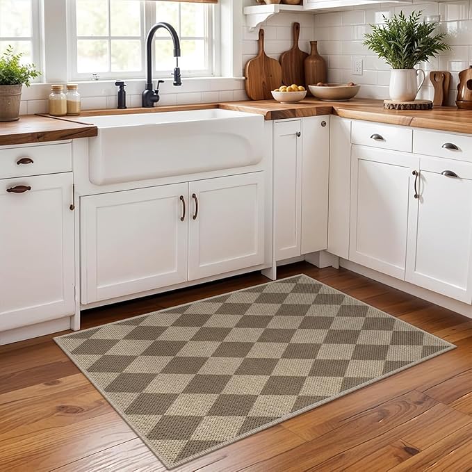 Easy Jute Checkered Entryway Rug, 2x3 Brown Modern Indoor Outdoor Doormat, Washable Non-Slip Neutral Small Kitchen Rug Farmhouse Diamond Throw Rugs for Entrance Bedroom Bathroom