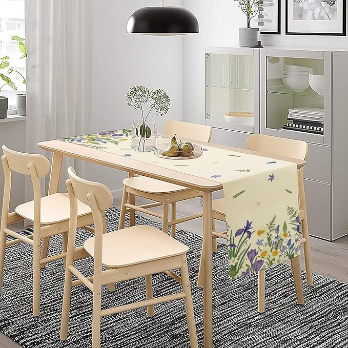 Wildflowers Table Runner,Spring Purple Floral Summer Seasons Daisy Flower Print Kitchen Dining Table Decoration for Home Farmhouse Party 13x60in