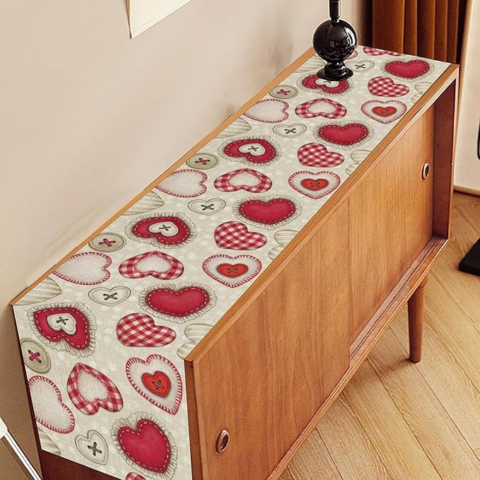 Red Heart Table Runner,Retro Rustic Beige Heart Buttons Polka Dot Valentines Decorations Decor for Family Kitchen and Living Room Outdoor Farmhouse Party Table Decorations, 13"x36"