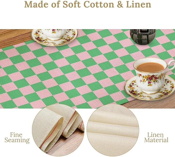 Retro Checkered Table Runner, Cute Pink Green Checkerboard Vintage Hippie Modern Aesthetic Table Runner for Party Kitchen Dining Home Outdoor Banquet 13x120in
