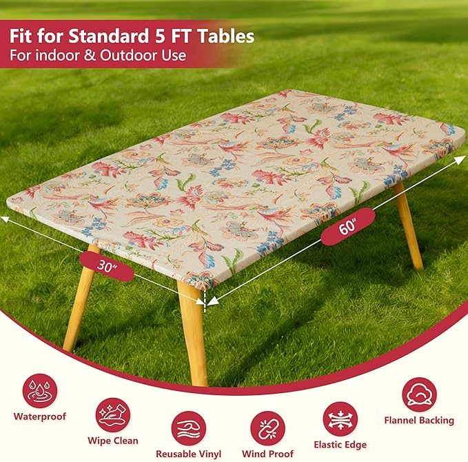 Rectangle Picnic Table Cloth, Elastic Waterproof Fitted Vinyl Tablecloths for 5 Foot Tables, Wipeable Flannel Backed Table Covers for Dining, Camping, Outdoor(Songbird,30"x60")
