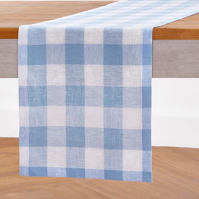 Solino Home Linen Checkered Table Runner 132 Inches Long - 100% Pure Linen Buffalo Check Chambray Blue and White Table Runner 14 x 132 Inch Ideal for Dining, Winter, Spring, Easter