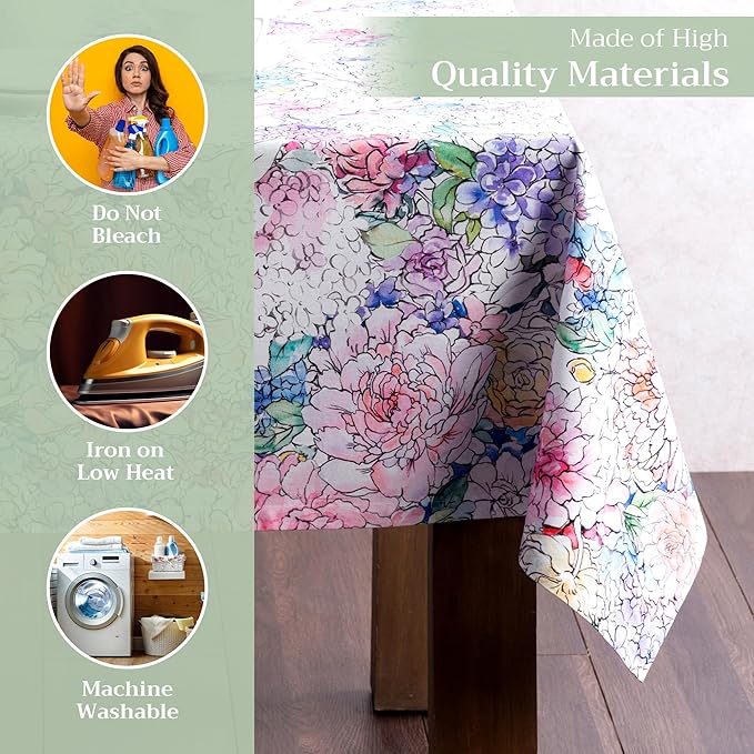 Maison d' Hermine Table Cloth Rectangle Table 100% Cotton 70 x 90 Inches Tablecloth Reusable Decorative for Dining Room, Farmhouse, Home, Party, Festive & Wedding Spring Summer - Floral Love