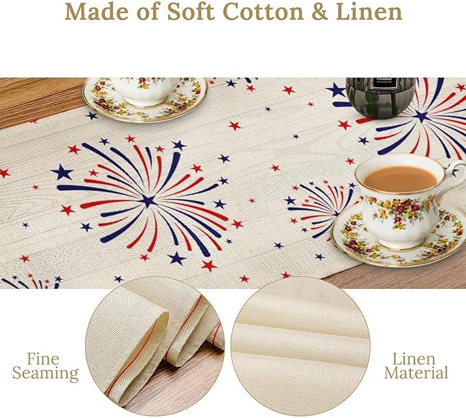 Fireworks Table Runner, 4th of July Patriotic Memorial Day American Independence Day Table Runner for Holiday Kitchen Dining Holiday 13x120in