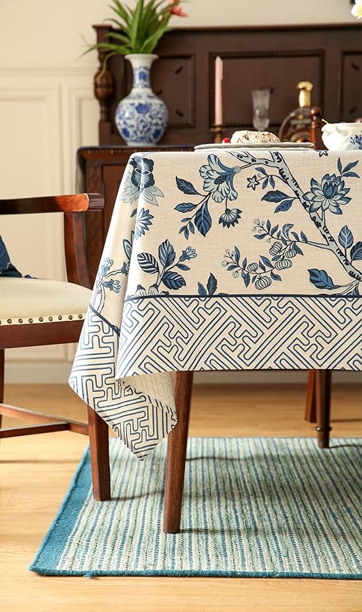 Vintage Blue and White Rectangle Tablecloth,French Linen Floral Wrinkle Free Tablecloths,Decorative Table Cover for Kitchen,Dining,Party,Thanksgiving,Christmas,55"*87"-Suqing