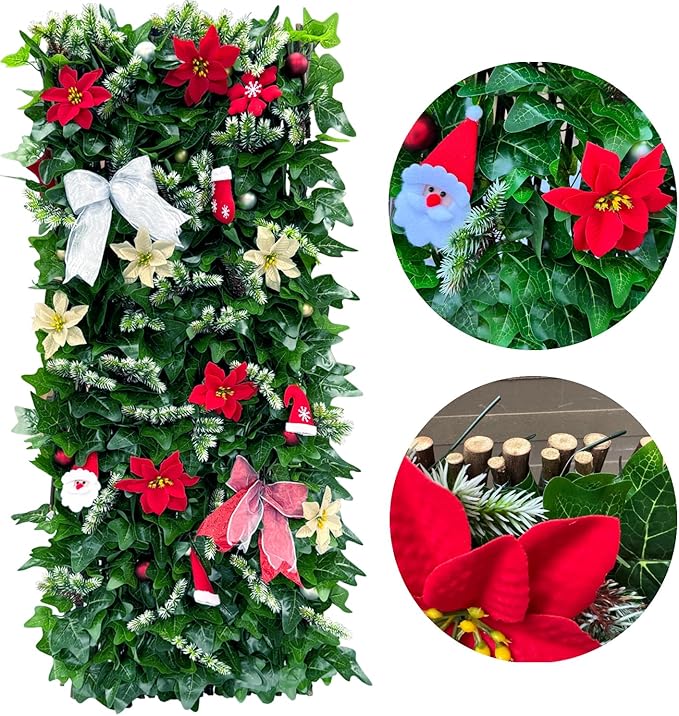 Expandable Fence Privacy Screen for Balcony Patio Outdoor,Decorative Faux Ivy Fencing Panel,Artificial Hedges (Single Sided Leaves) (4, Christmas-Ivy)