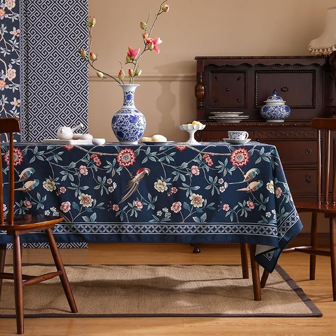 patdrea Designer Vintage Dark Blue Linen Square Tablecloth,Navy French Floral and Birds Pattern Tableloths,Decoration Table Cover for Kitchen,Dining,Tea Party,Home,Christmas,67"*67"