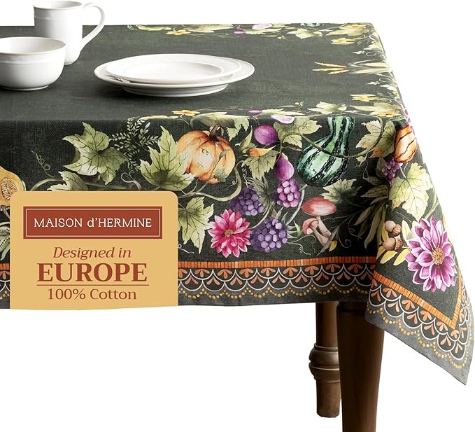 Maison d' Hermine Table Cloth Rectangle Table 100% Cotton 70 x 90 Inches Fall Tablecloth Reusable Everyday Use for Thanksgiving Christmas Decorations Dining Farmhouse (Pumpkin Garden - Dark Green)