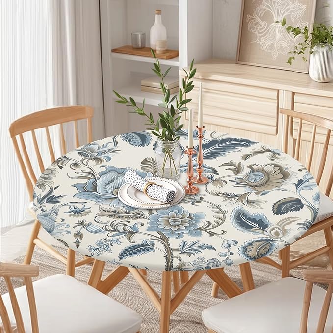Vintage Floral Round Fitted Tablecloth with Elastic Blue Brown Chinoiserie Flower Circle Table Cloth for 36-40" Round Tables Wipeable Waterproof Elegant Rustic Table Cover for Dining Patio Picnic