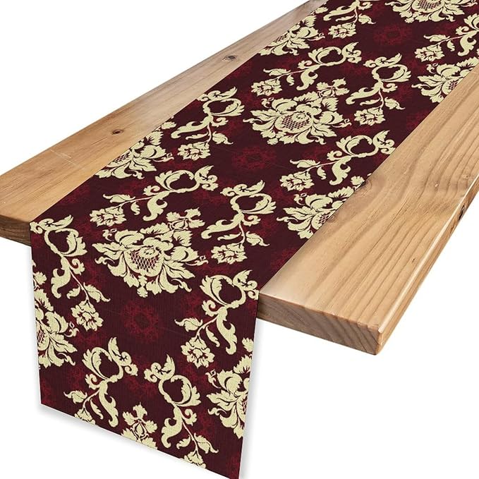 Red Damask Table Runner, Gothic Boho Baroque Style Floral Flower Antique Classic Rustic Vintage Coffee Table Center Decor for Kitchen and Dining Outdoor Home Country Party Table Decorations, 13"x72"