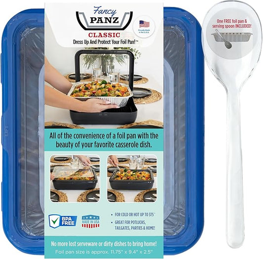 Fancy Panz - Denim Blue Classic Aluminum Foil Pan Carrier with Lid - Elevated Food Serving Tray - Portable Casserole Carrier with Lid - Made in The USA Hosting Essentials