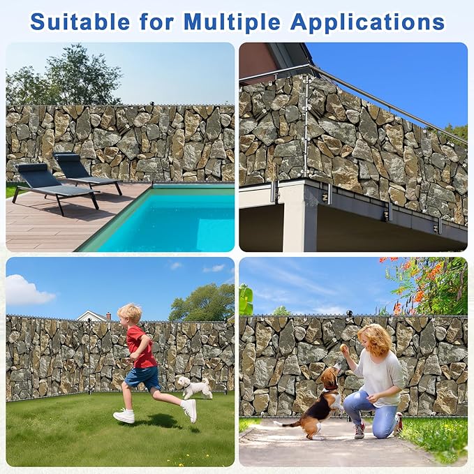 UPGRADE 4'x34'Customized PVC Privacy Fence Screen with Stone Wall Print – Outdoor Waterproof Patio Privacy Cover for Yard, Balcony, Garden Fence Decoration
