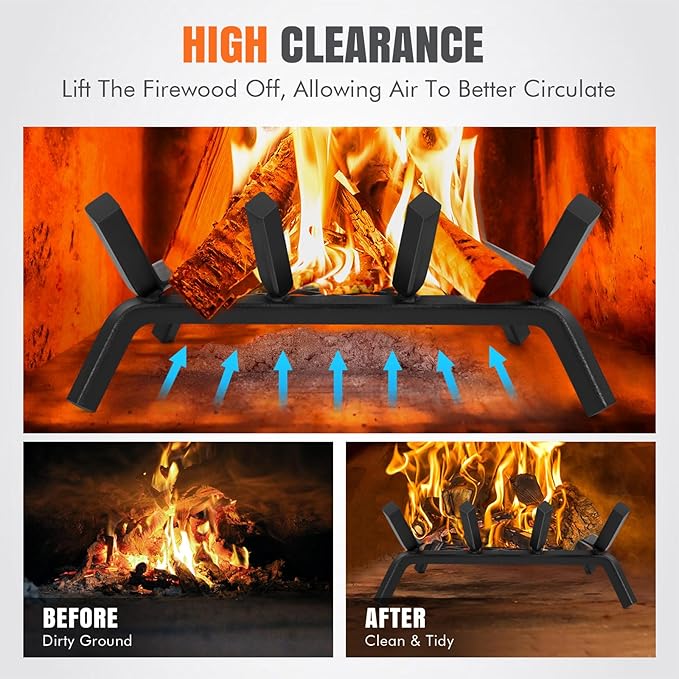 Fireplace Grates with Ember Retainer - 14 Inch Fireplace Log Grate, Wood Stove Grate, Firewood Wood Log Holder Rack,Inside Wrought Cast Iron Fire Grate for Hearth Indoor Outdoor Camping