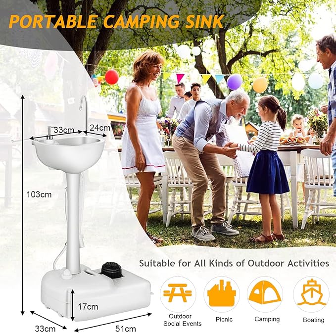 Portable Hand Washing Station, Camping Sink Wash Hand Basin with Wheels, Towel Holder & Soap Dispenser, for Outdoor Events, Gatherings, Garden, Worksite,Washbasinonly