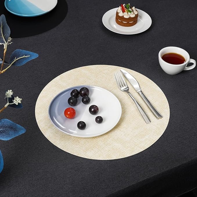 Myir JUN Round Placemats, Dual Sided Faux Leather Place Mats Set of 4 Indoor/Outdoor Non-Slip Washable Table Mats (Cream-White Black, Set of 4)