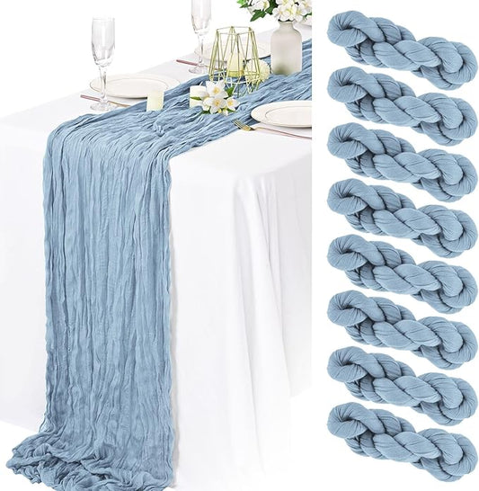 8 Packs Cheesecloth Table Runner 10FT Long Boho Gauze Fabric Table Runner Vintage Rustic Sheer Runners for Wedding Party Bridal Baby Shower Table Decorations (Dusty Blue)