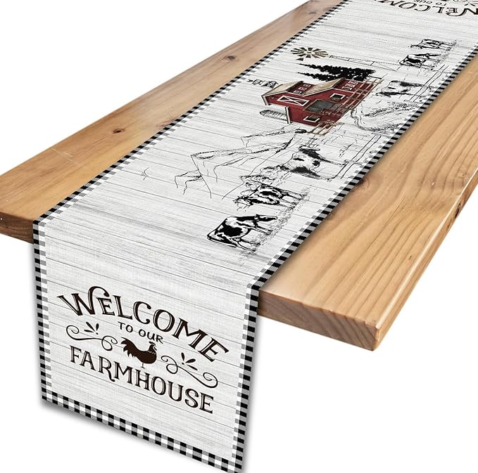 Farmhouse Rooster Table Runner, Rustic Farm Animals Cow Pig Chicken Coffee Table Center Decor for Home Kitchen Dining Patio Holiday Party Indoor Outdoor Table Decorations, 13"x72" Inch
