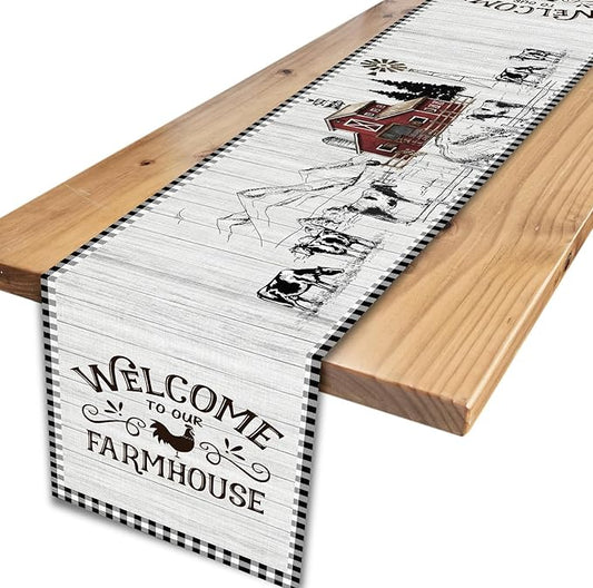 Farmhouse Rooster Table Runner, Rustic Farm Animals Cow Pig Chicken Coffee Table Center Decor for Home Kitchen Dining Patio Holiday Party Indoor Outdoor Table Decorations, 13"x108" Inch