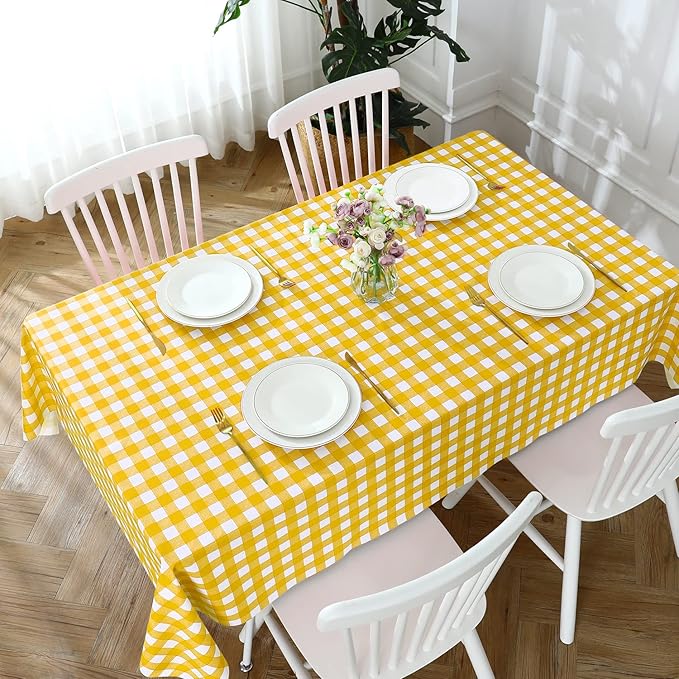 Romanstile Rectangle Vinyl Tablecloth, 100% Waterproof Buffalo Gingham Plastic Table Cloth, Heavy Duty Wipeable Checkered Table Covers for Outdoor, Camping, Picnic, Patio - 54 x 120, Yellow and White