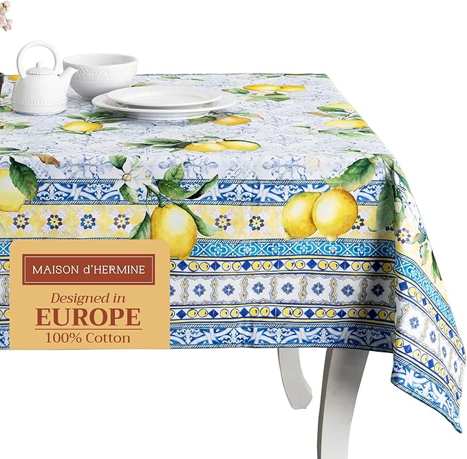 Maison d' Hermine Table Cloth Square Table 100% Cotton 60 x 60 Inches Tablecloth Reusable Decorative Everyday Use for Dining Room, Farmhouse, Home, Party, Festive & Wedding Spring Summer - Citrus