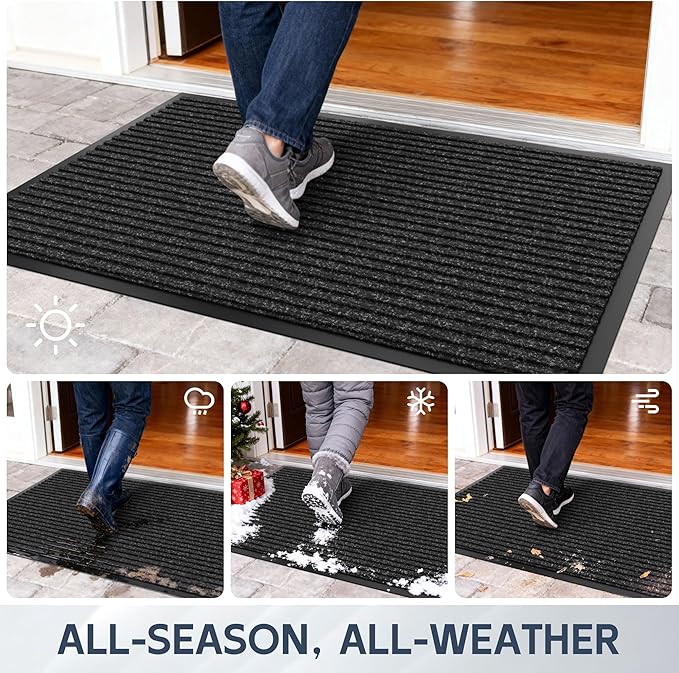Front Door Mat, 72" x 24" Heavy Duty Indoor Outdoor Doormat, Non-Slip Welcome Mats for Entryway, Rubber Backing Low Profile Commercial Door Mats, Black Stripe