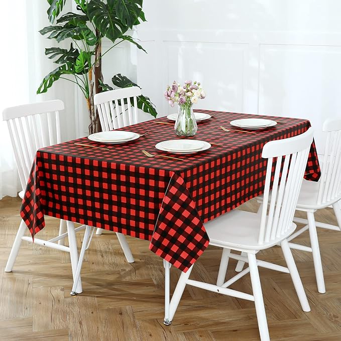 Romanstile Rectangle Vinyl Tablecloth, 100% Waterproof Buffalo Gingham Plastic Table Cloth, Heavy Duty Wipeable Checkered Table Covers for Outdoor, Camping, Picnic, Patio - 54 x 78, Black and Red