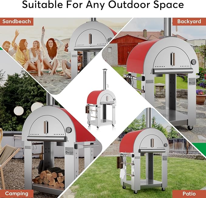 Empava Pizza Oven with Open Shelf and Wheels for Outdoor Kitchen, Wood Fire for Grill & Camping Backyard Party in Stainless Steel, 38.6Inch, Italian Red