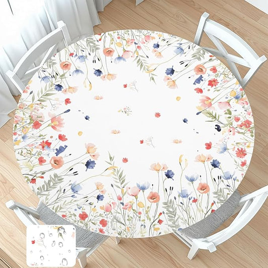 Spring Summer Floral Round Fitted Tablecloth with Elastic Watercolor Farmhouse Wildflower Circle Table Cloth for 48-52" Tables Wipeable Waterproof Easter Flower Table Cover for Picnic Dining Outdoor