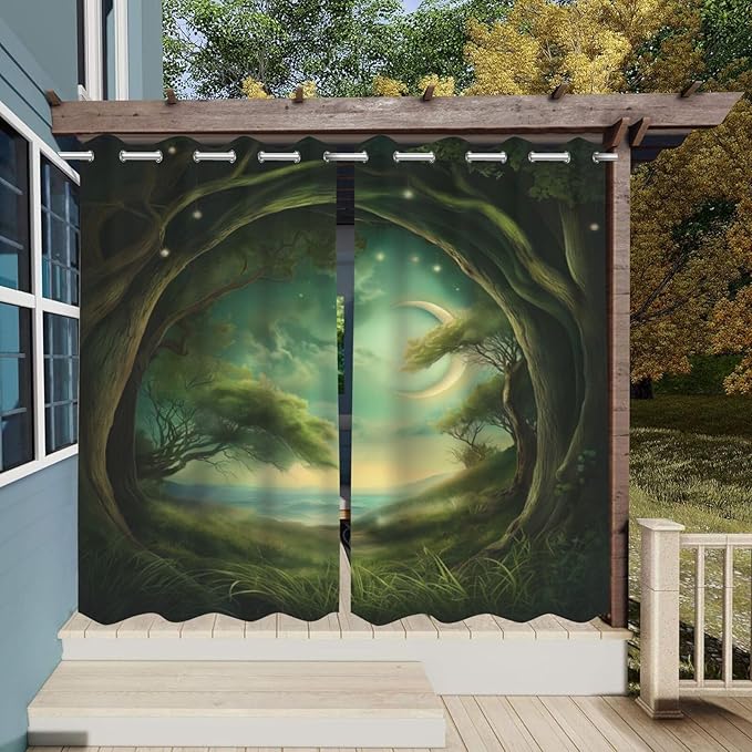 Forest Theme Waterproof Outdoor Curtains for Patio,Trees Moon Lake Pattern,Privacy Curtains for Porch Pergola Arbor Lanai Pool House Outside Deck,2 Panels,54 x 84 inch,Green
