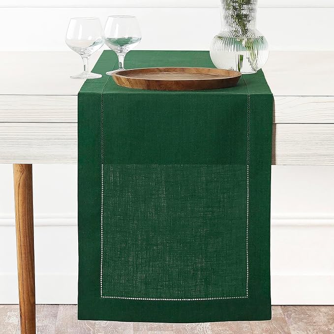 D'Moksha Homes Linen Forest Green Table Runner 48 Inches - Classic Hemstitch, 100% Pure Linen Coffee Table Runner 14 x 48 Inch Ideal for Dresser Tables - St Patricks Day, Easter