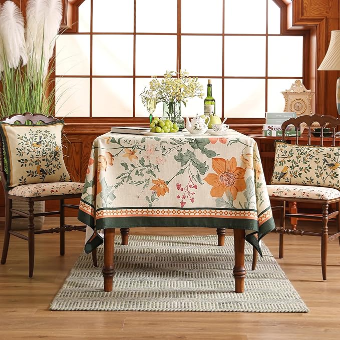 French Extra Long Tablecloth for Rectangle Table,Linen Orange Floral Wrinkle Resistant Tablecloths,Decor Table Cover for Kitchen,Dining,Party,Thanksgiving,Christmas,63"*110"-Milch