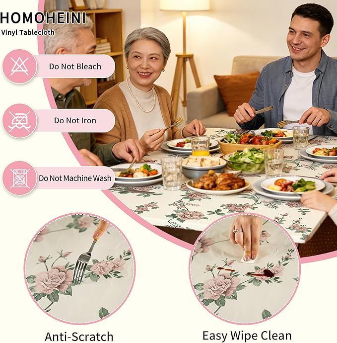 Rectangle Picnic Table Cloth, Elastic Waterproof Fitted Vinyl Tablecloths for 5 Foot Tables, Wipeable Flannel Backed Table Covers for Dining, Camping, Outdoor(Rose,36"x60")