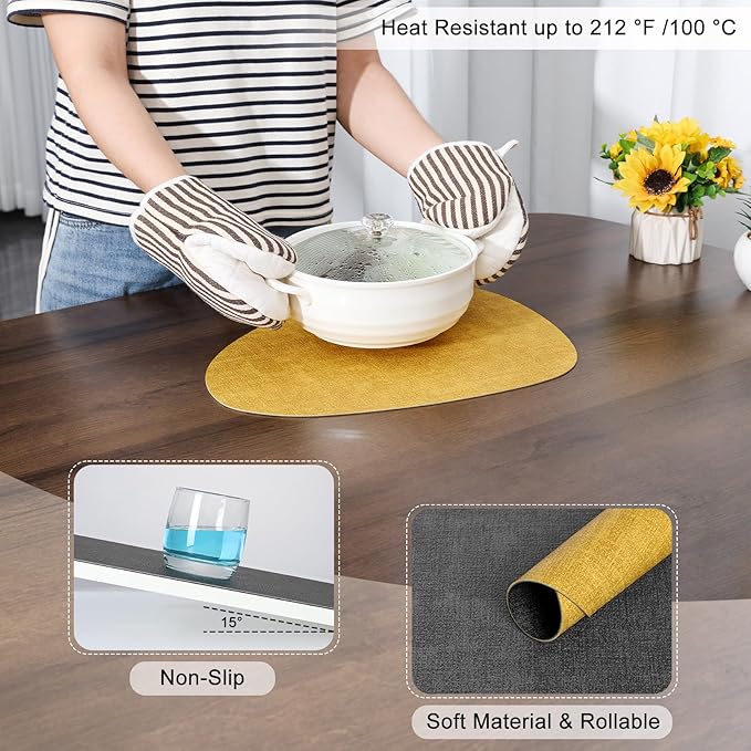 Placemats and Coasters, Washable Reversible Placemats Round Faux Leather Wipeable Place Mats Non Slip Heat Resistant Indoor Outdoor Table Mats (Set of 6, Gray Yellow)